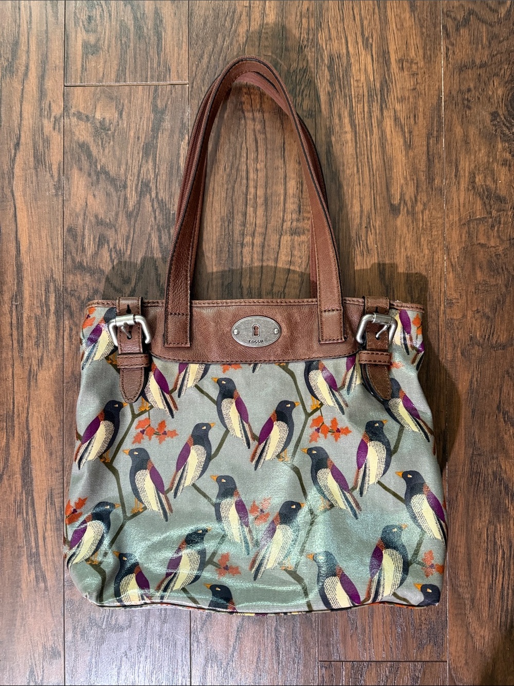 Fossil Multicolor Bird-Print Shoulder Tote with Brown Leather Trim